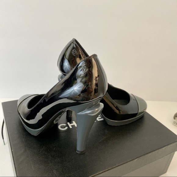 Chanel Black and Grey Patent Platform Cap Toe Pumps - Picture 3 of 12